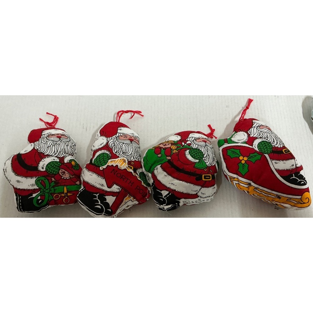 Vintage Santa Claus Soft Stuffed Fabric Christmas Ornaments Set of 4 Red Green